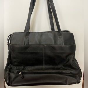 Spacious 100% Black Leather Bag/Laptop Briefcase (Fits on luggage handles)